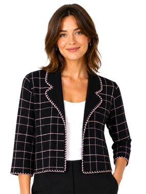 Ming Wang Pink Crochet Trim Black Open Knit Cardigan